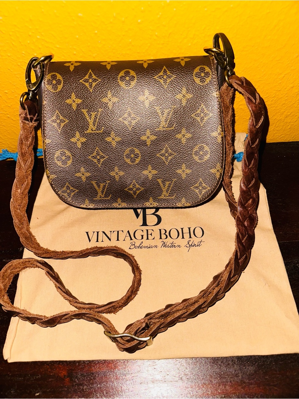 Vintage Boho LV Monogram Canvas Crossbody with Braided Brown Strap